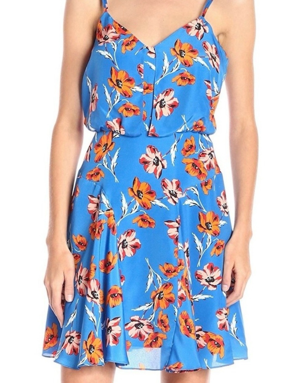 CeCe Blue Lotus Floral Blouson Flare Spaghetti-Strap Mini Dress - Sz 2
